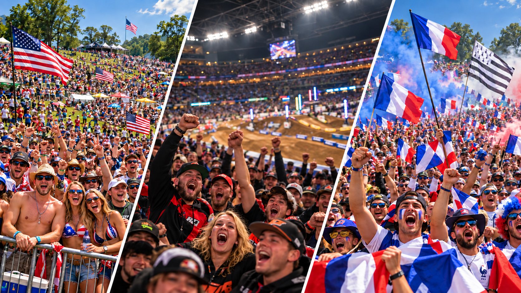 Three crowds: the hillside at an American national under the Stars and Stripes, a supercross stadium under the lights, a French grand prix in blue-white-red smoke.